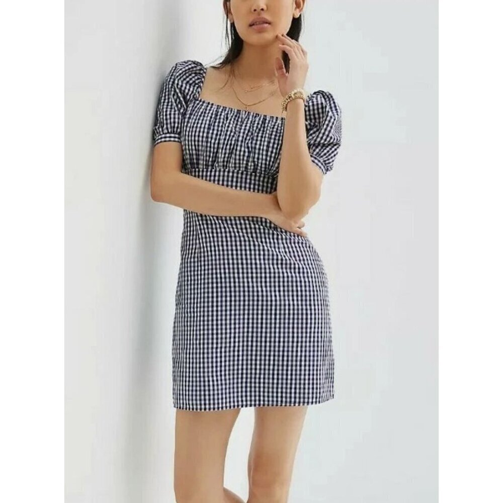 Anthropologie NWT Forever that Girl Navy Blue Gingham Puff Sleeve Mini Dress L